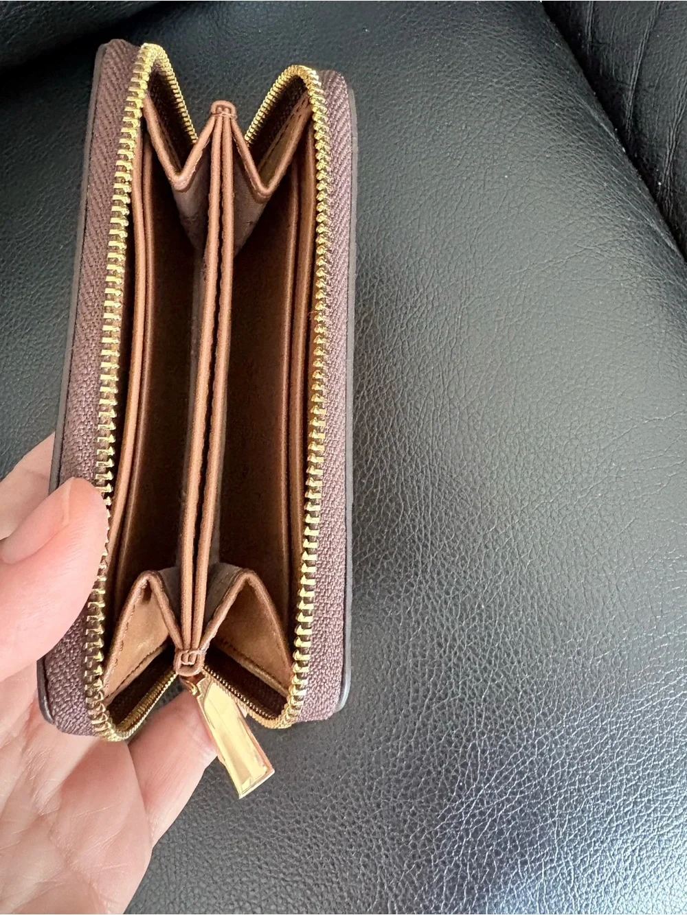 Michael Kors Brown Logo Zip Wallet with Beige and Tan Stripes